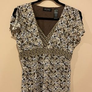 Axcess large blouse brown/tan/white draped short sleeve casual batik top.
